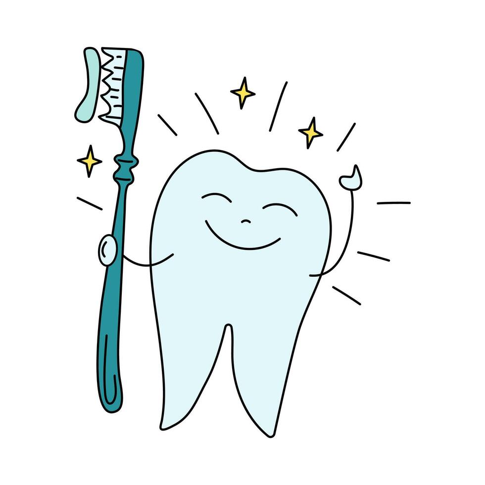 Happy Tooth with toothbrush and toothpaste. Dentistry, teeth cleaning. Shiny healthy happy white tooth. Protection against germs and caries. Doodle style. Oral hygiene. vector