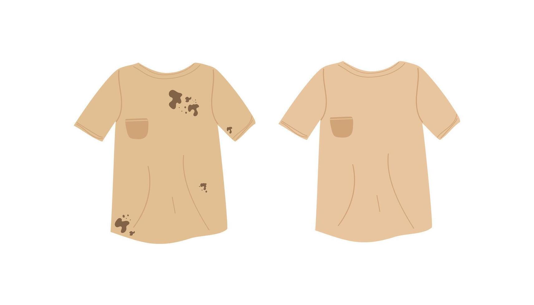 sucio y limpiar camisetas ropa manchado con suciedad y limpiar lavado ropa. ropa con manchas cuidando para ropa. ilustración aislado en blanco antecedentes. vector