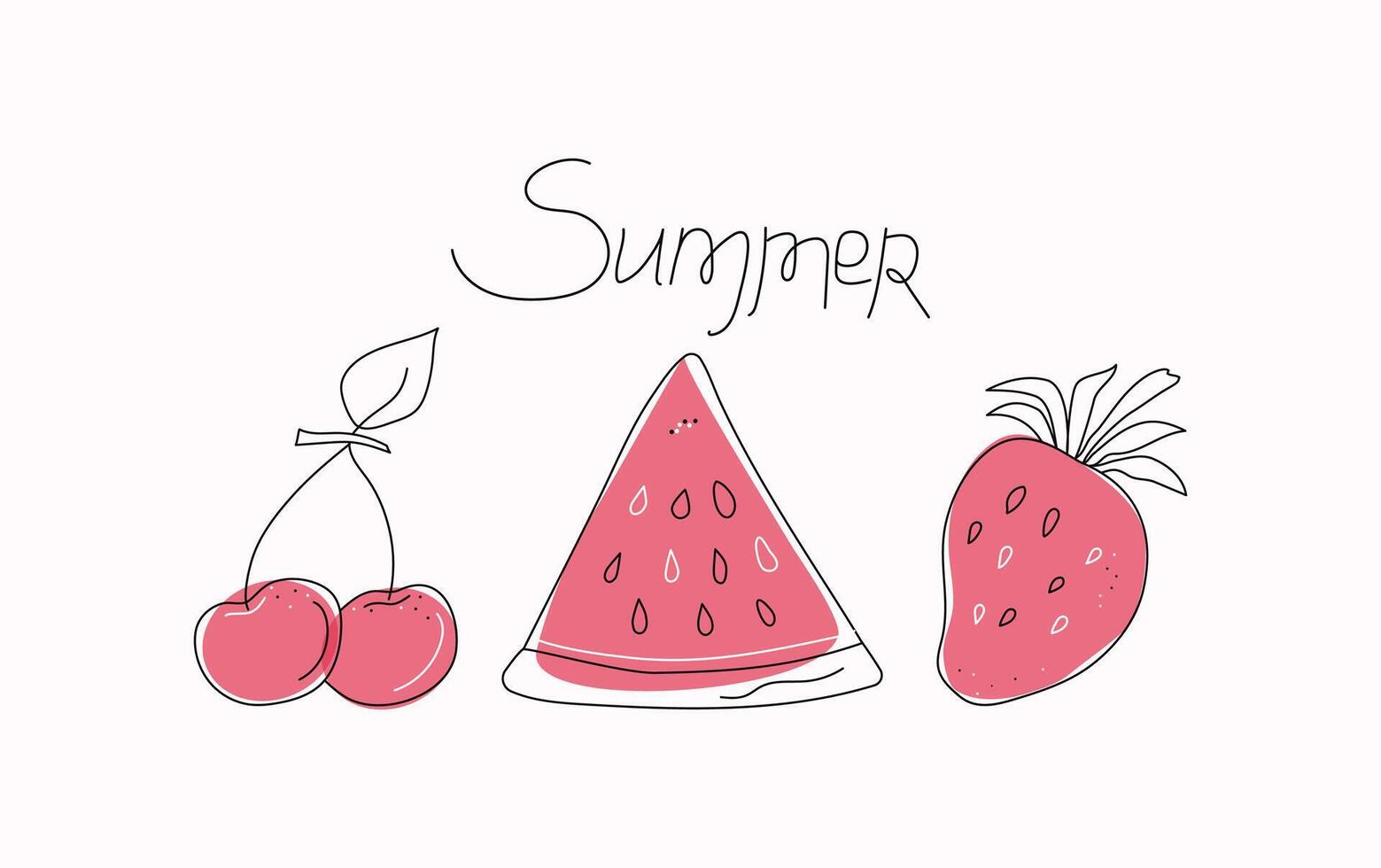 Abstract drawings of fruits and berries. Summer, hand lettering. Strawberry, watermelon and cherry. Line icons with colored spots. Doodles. illustration vector