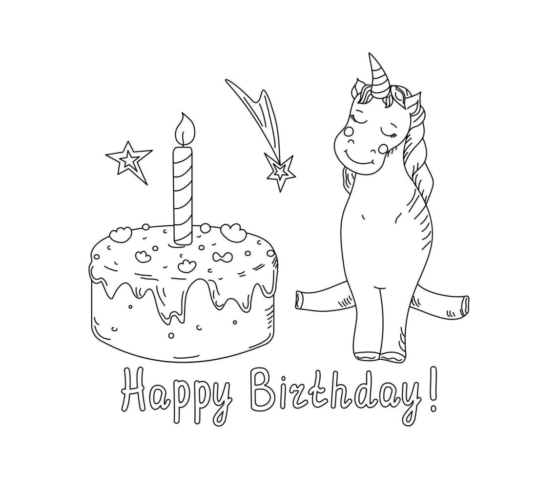 Cartoon cute unicorn and cake with burning candle. Set of icons and inscription Happy Birthday. illustration in doodle style. Decor for invitations, cards. Background isolated. vector