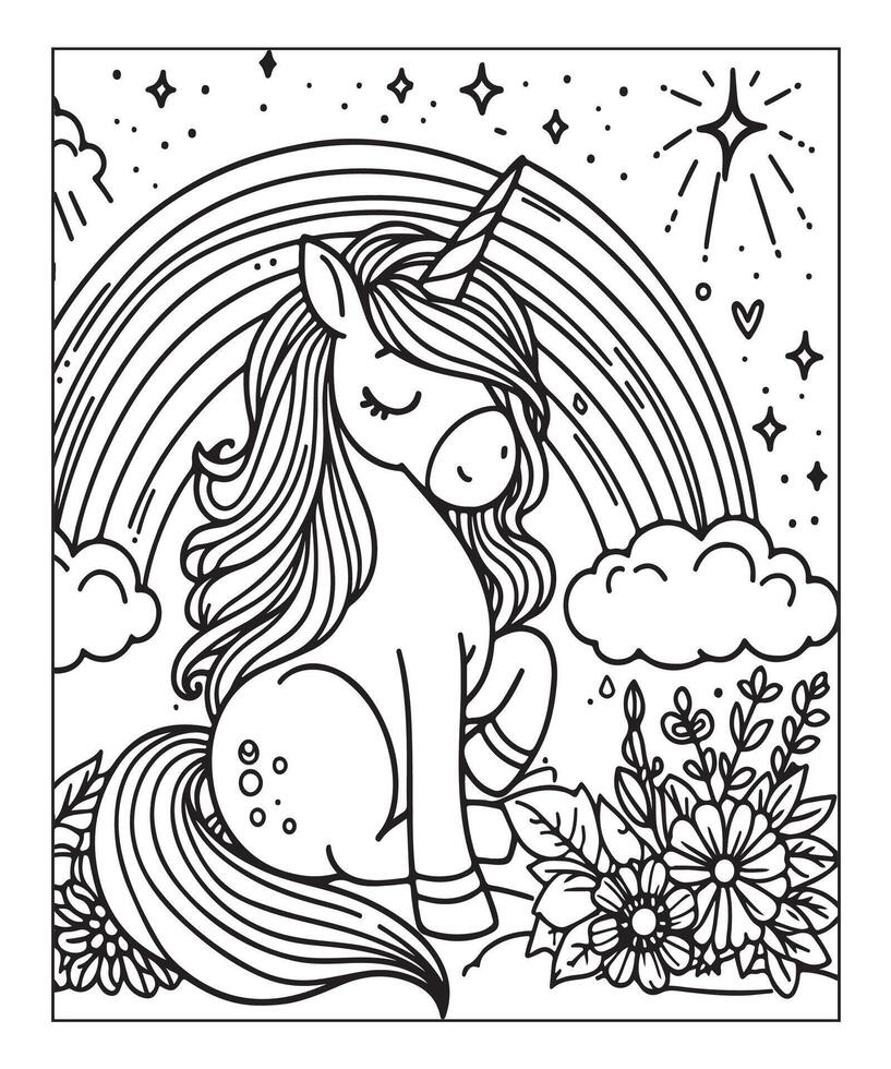 página para colorear de unicornio para niños vector