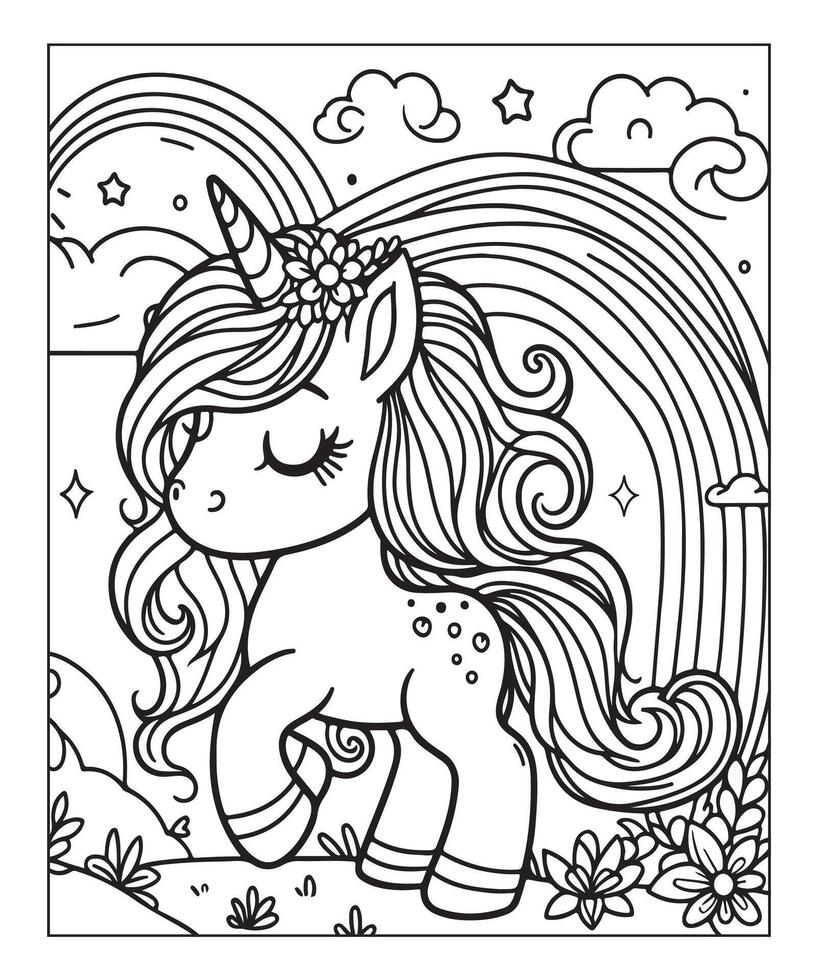 página para colorear de unicornio para niños vector