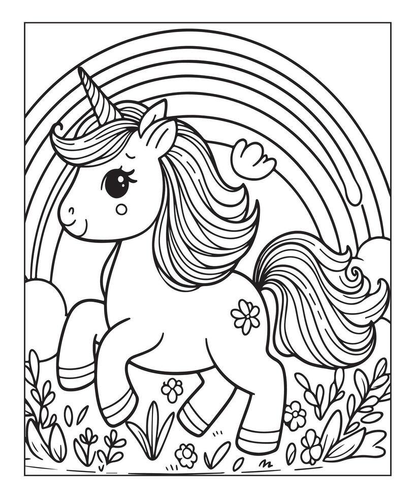 página para colorear de unicornio para niños vector