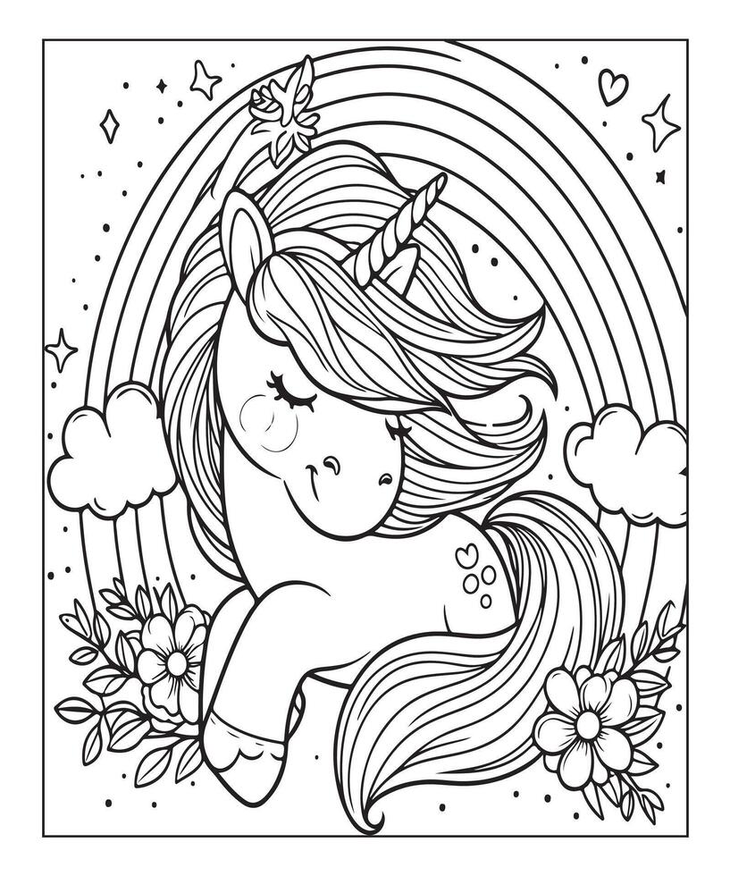 página para colorear de unicornio para niños vector