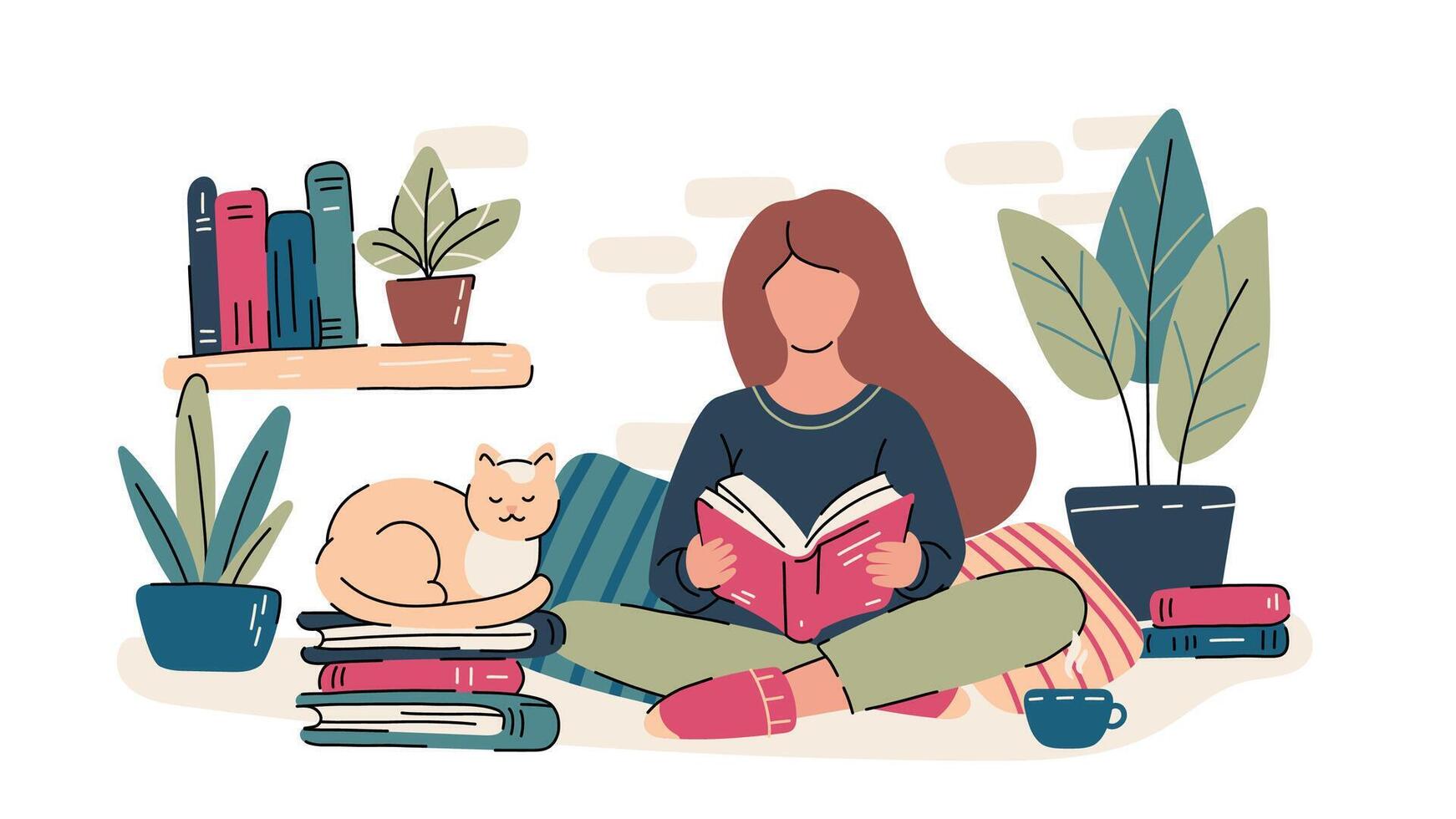 Girl sitting reading a book, kitty cat sleeping next to her. Reader, modern literature fans isolated on white background. Modern flat cartoon colorful illustration. vector