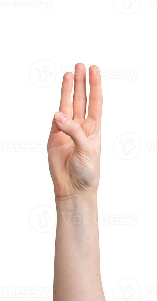 Hand showing 3 fingers up isolated on white background photo