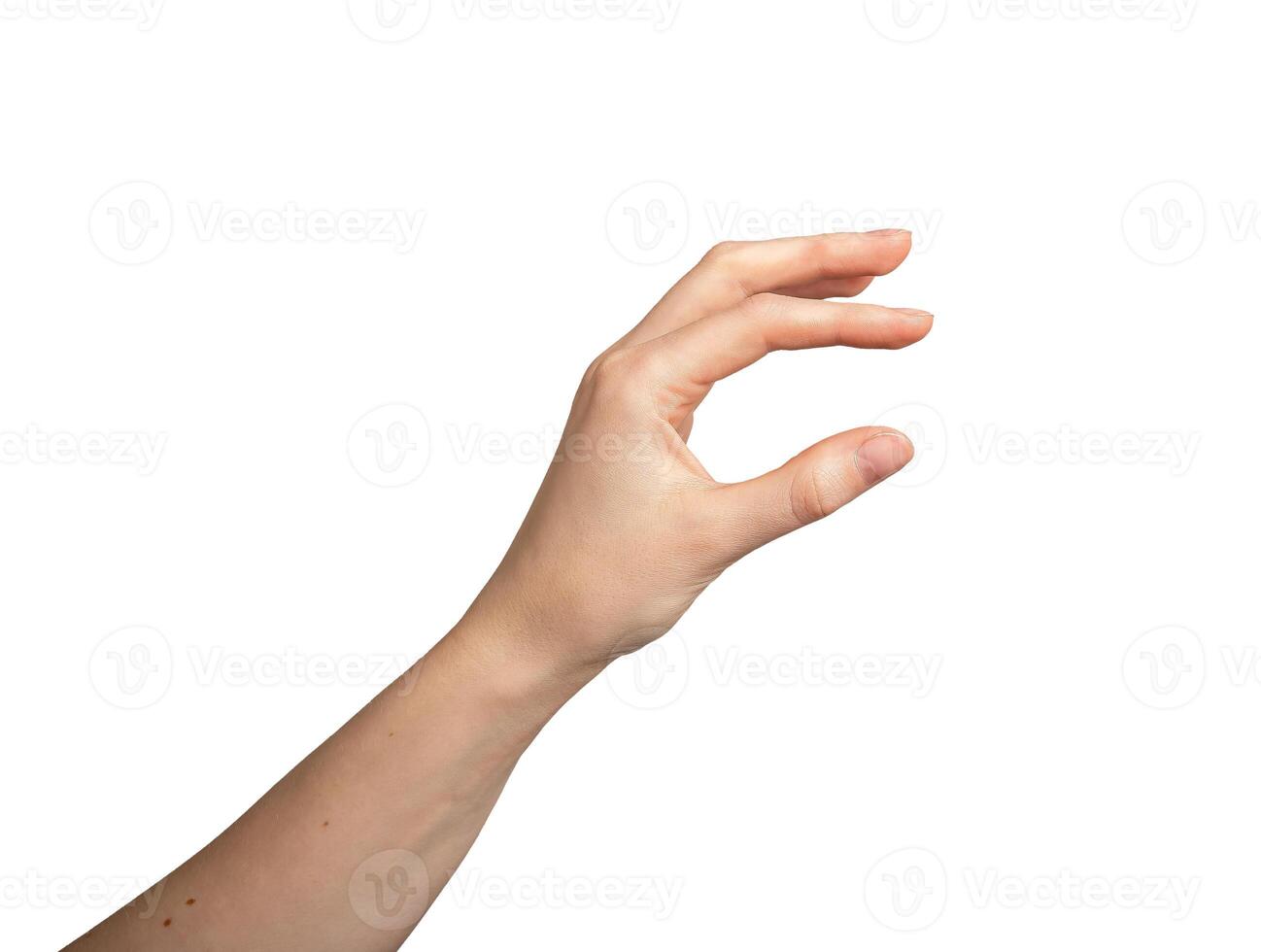 Hand gesture, thumb and index finger showing something small, little, isolated on white photo
