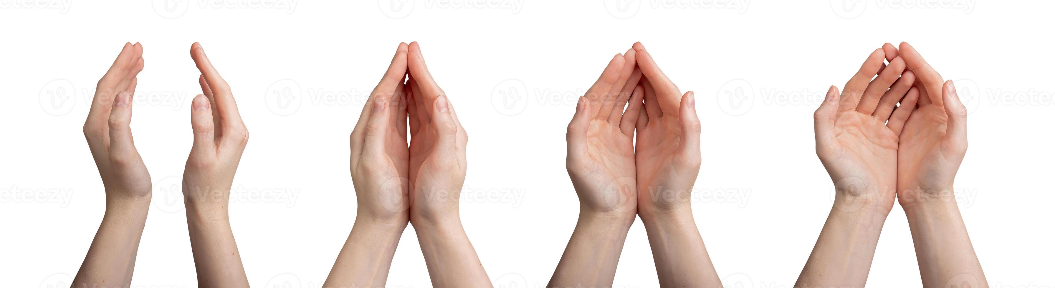 Hands gesturing, process from open to closing arms, fingers, isolated on white background photo