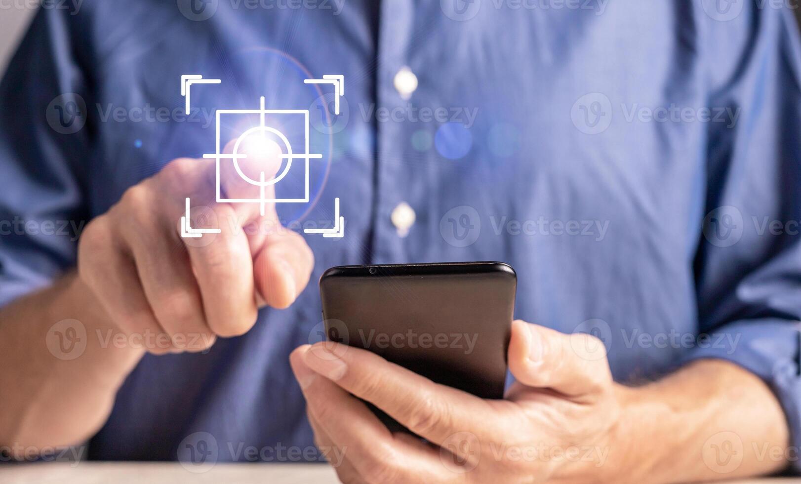 Using mobile phone, finger clicking on button, ai digital technology photo