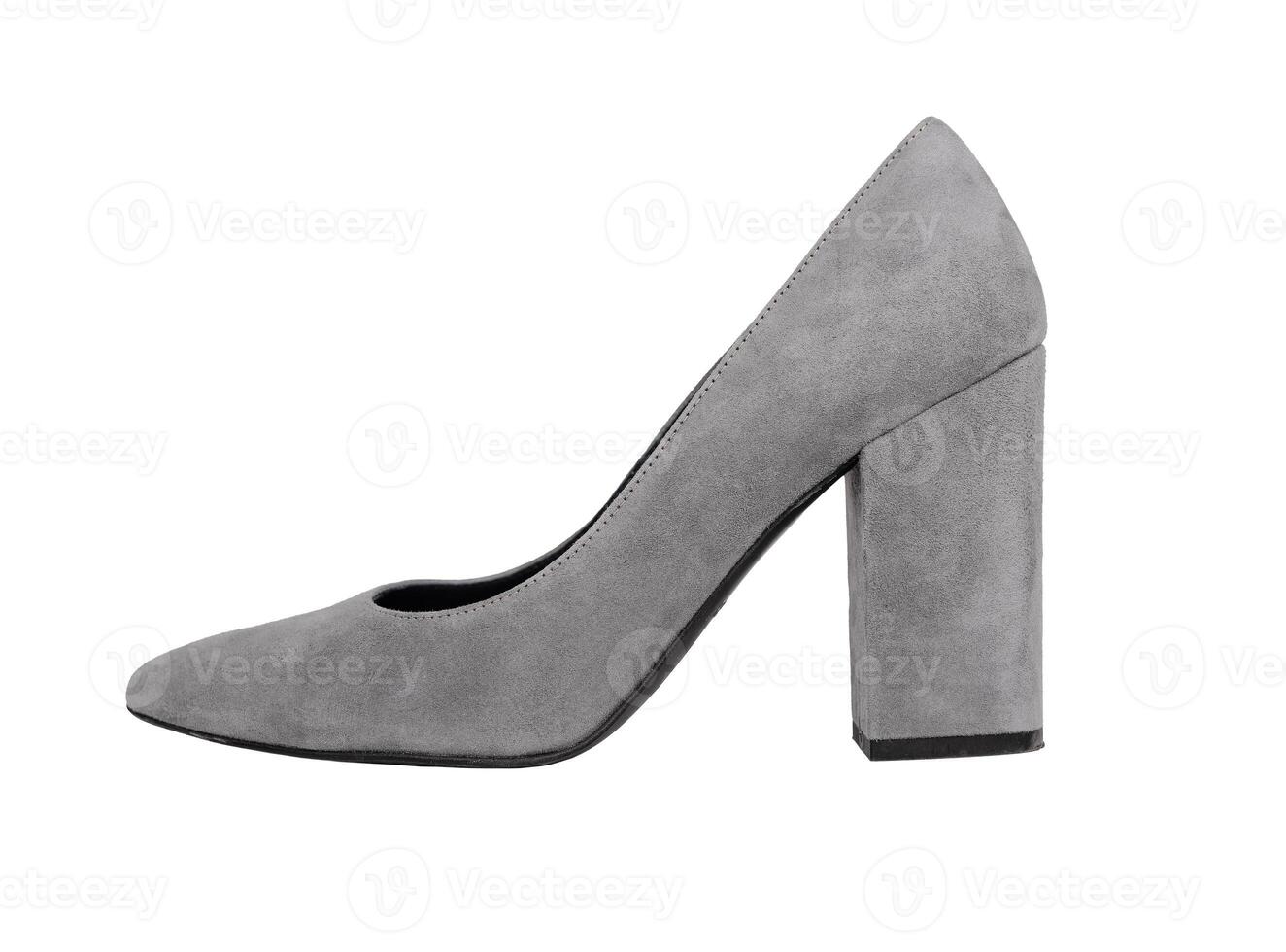 Women suede shoe, heeled female footwear, side view, isolated on white background photo