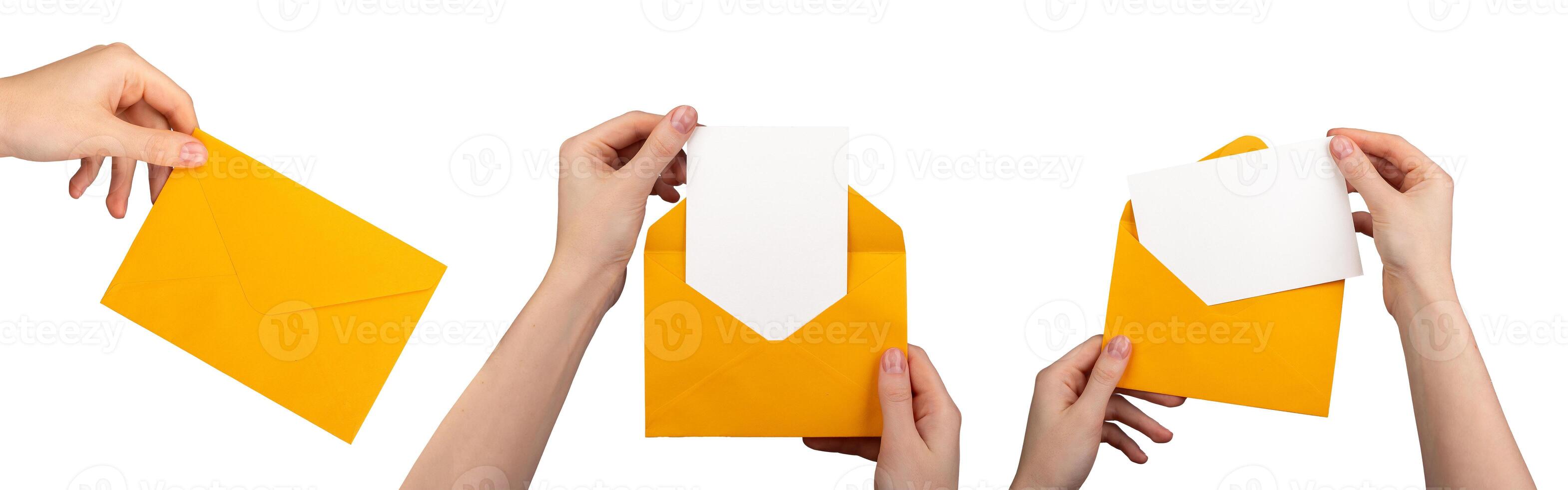 Hand holding closed envelope, opening mail with paper, cards mockups set isolated on white photo
