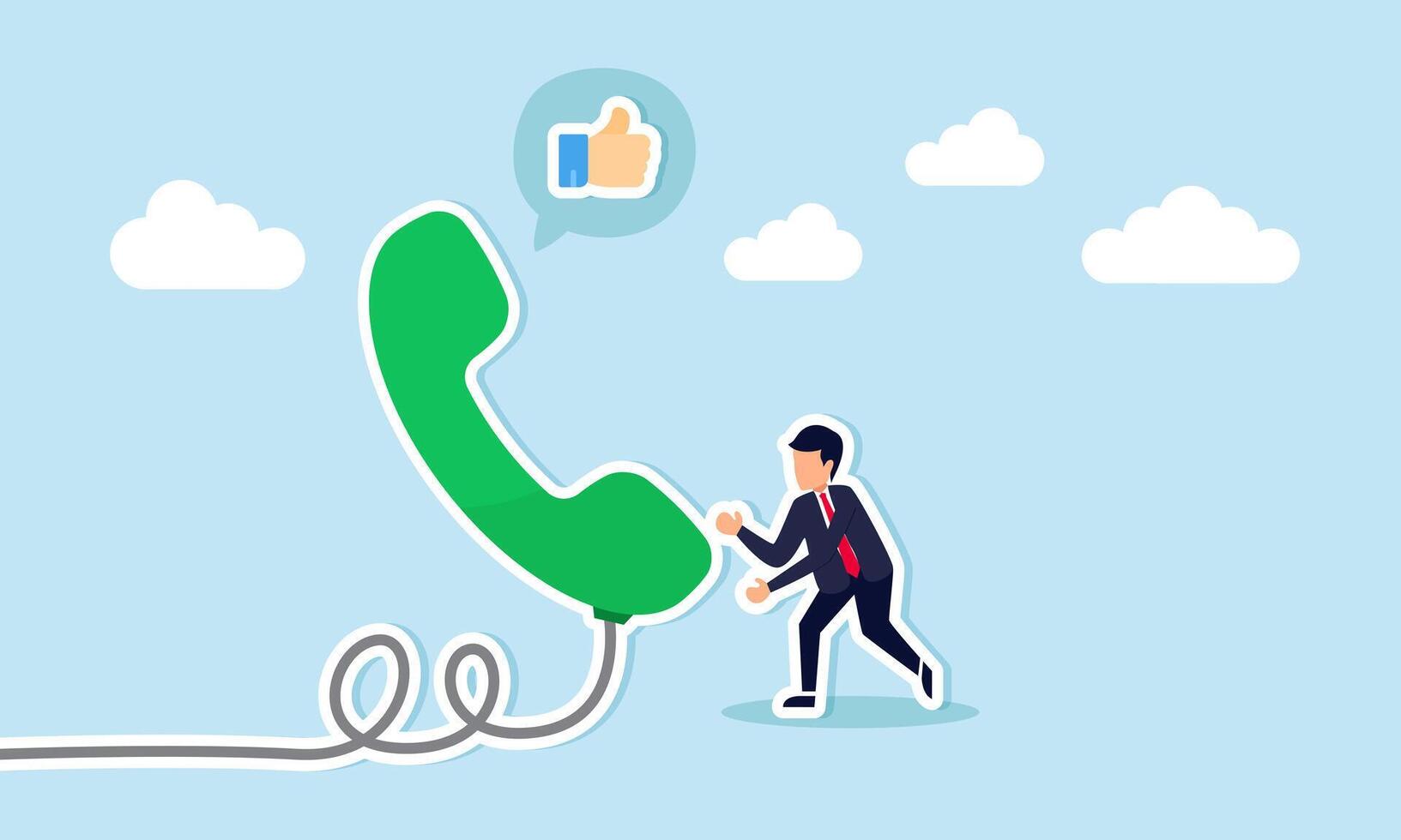 telemarketing experto genera Guías o ventas por vocación prospectos y clientela con exitoso promociones, concepto de el vendedor representante negociaciones el teléfono, dando un pulgares arriba positivo realimentación vector