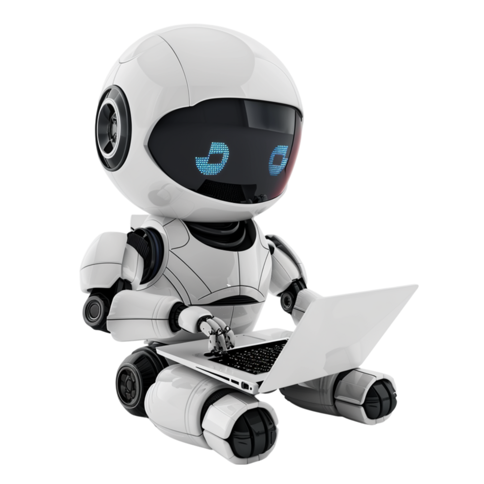 futuriste robot travail sur portable sur transparent Contexte png