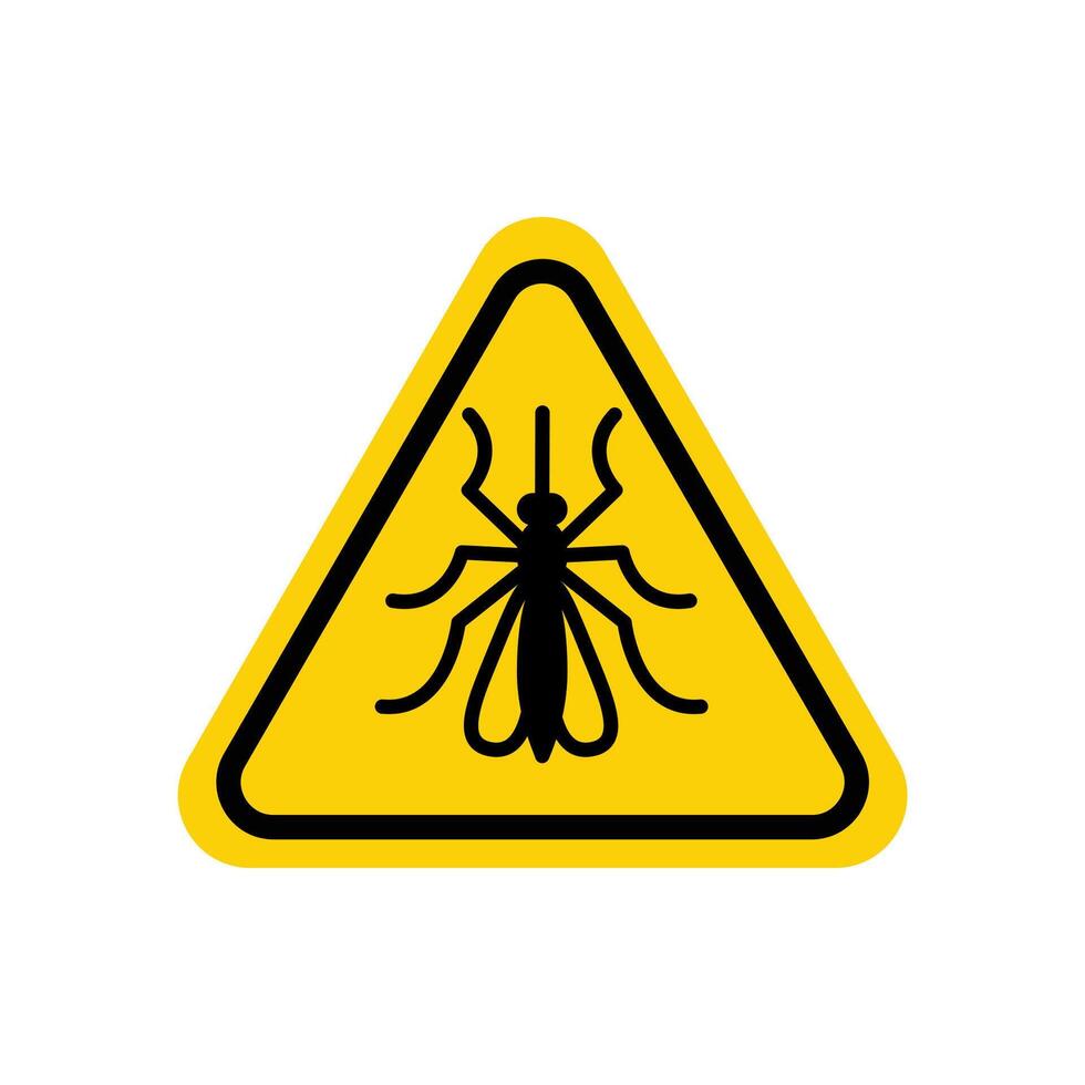 Mosquito warning sign. flat illustration isolated on white background. Yellow triangle with black bold symmetrical mosquito silhouette in line frame. vector
