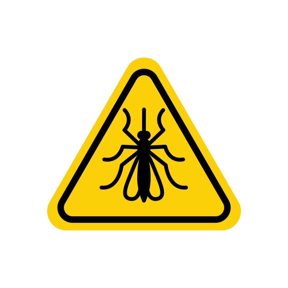 mosquito advertencia signo. plano ilustración aislado en blanco antecedentes. amarillo triángulo con negro negrita simétrico mosquito silueta en línea marco. vector