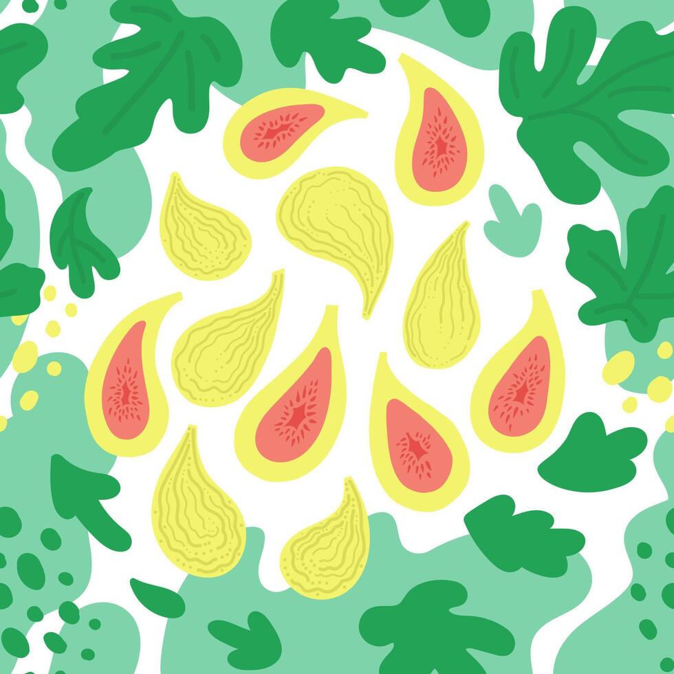 Green figs fruits, leaves and abstract shapes. flat seamless pattern in pastel colors on white background. vector