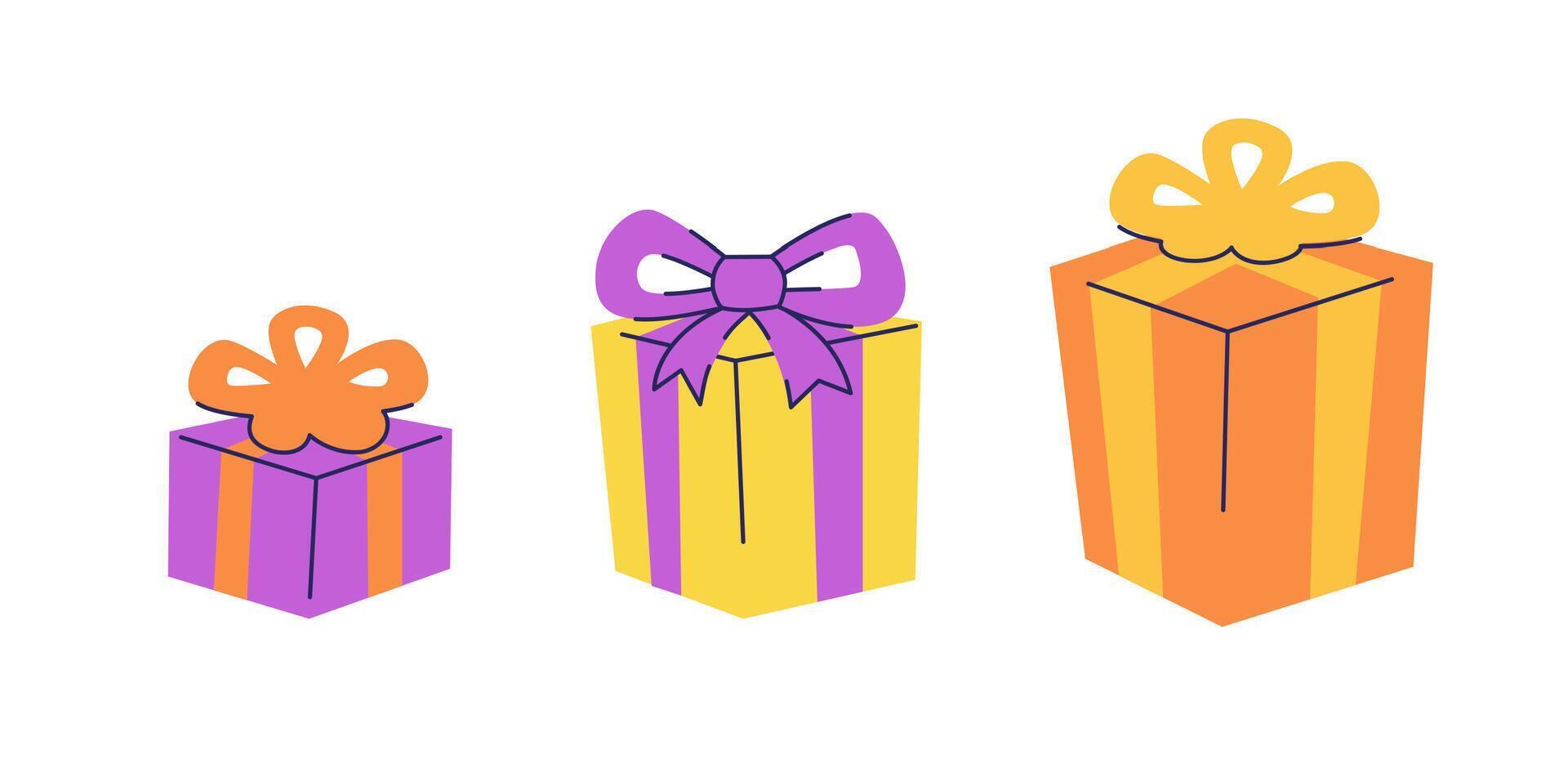 Three gift boxes in a row small to large. Size increase or compare. flat illustration isolated on white background. vector