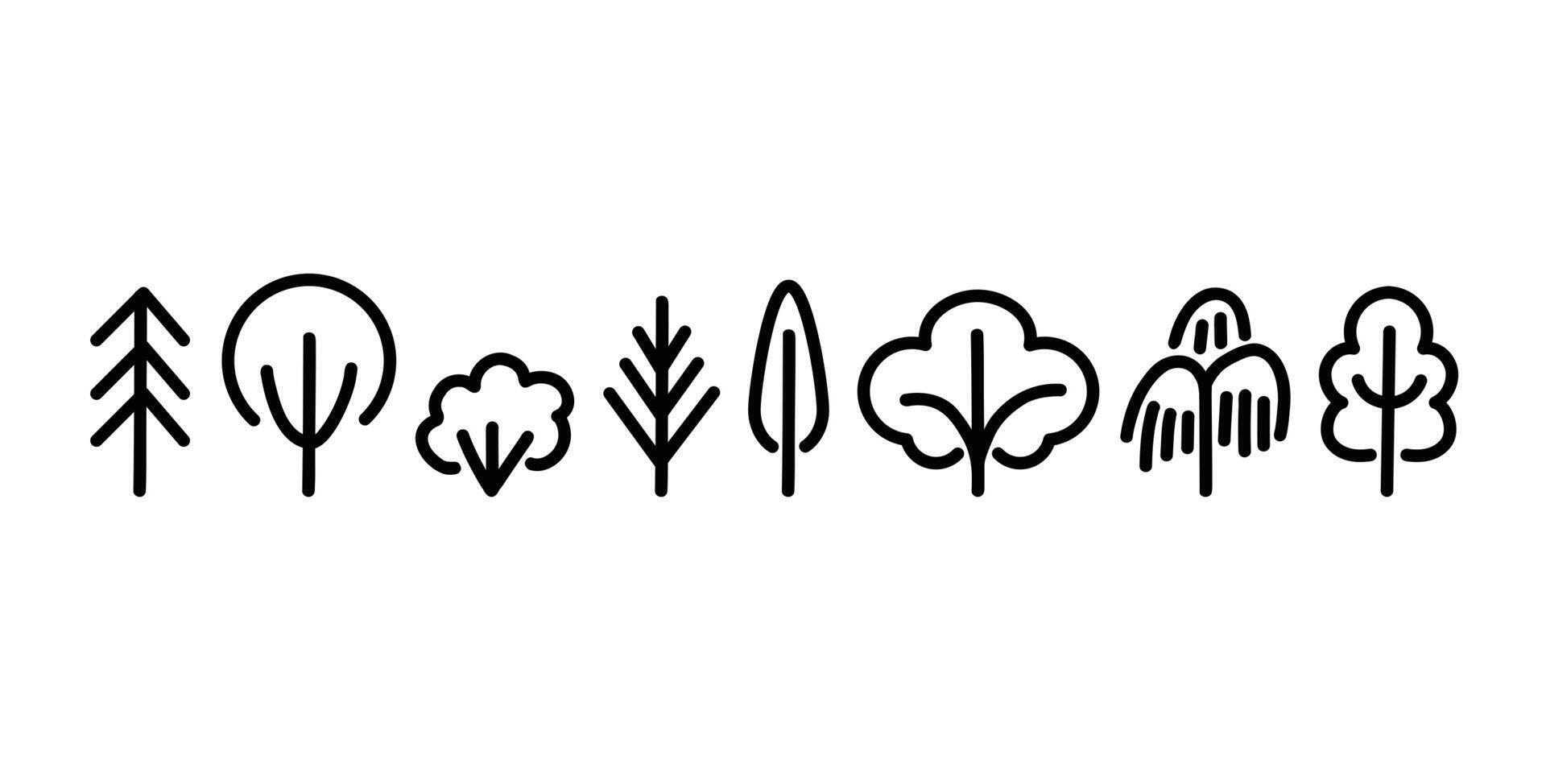 mano dibujado árbol íconos recopilación. negro línea ilustración aislado en blanco antecedentes. caduco y conífero árbol garabatos en pie en un fila. vector
