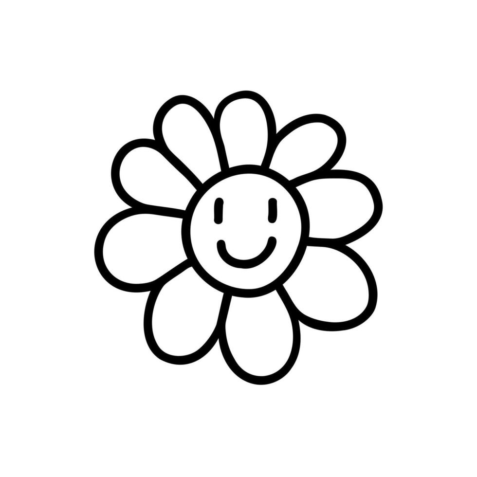 Happy face flower. Cute flower doodle. Childish drawing. Hand drawn smiley face flower. rough line illustration isolated on white background. vector