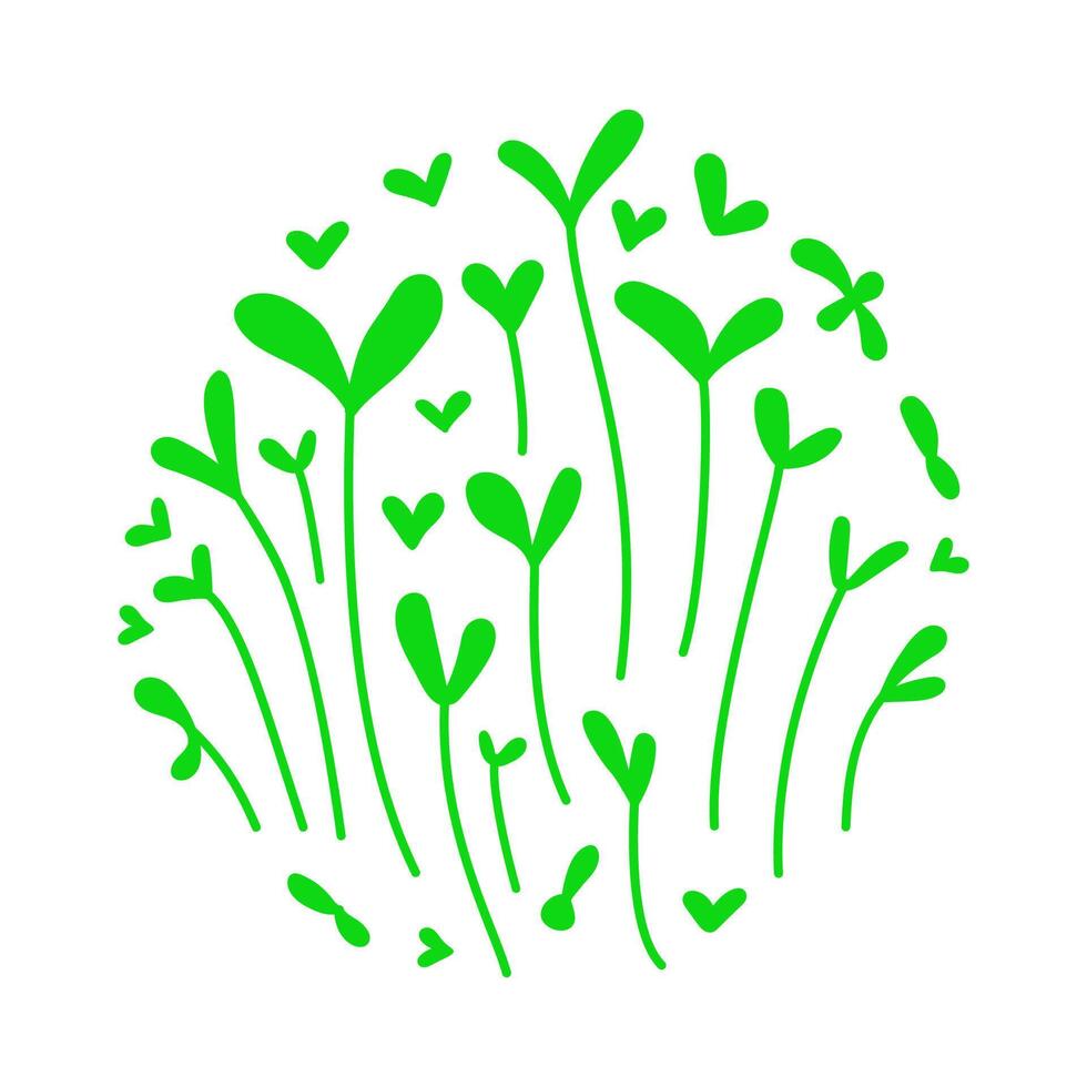 Small plants with two tiny leaves on long stems. Round shape composition. Microgreens concept. Young green sprouts. Flat color illustration isolated on white background. vector