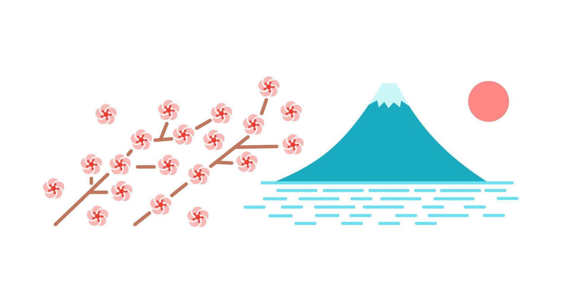 Mount Fuji, lake Kawaguchi, Japan, blooming sakura branch. isolated on white background. vector