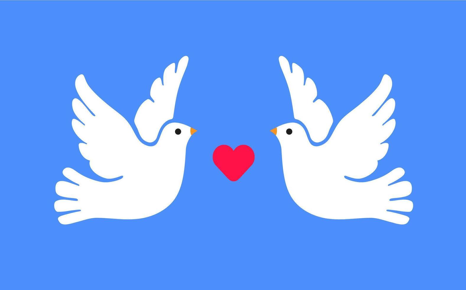 Two white doves with heart on blue background. flat illustration. Love concept. vector