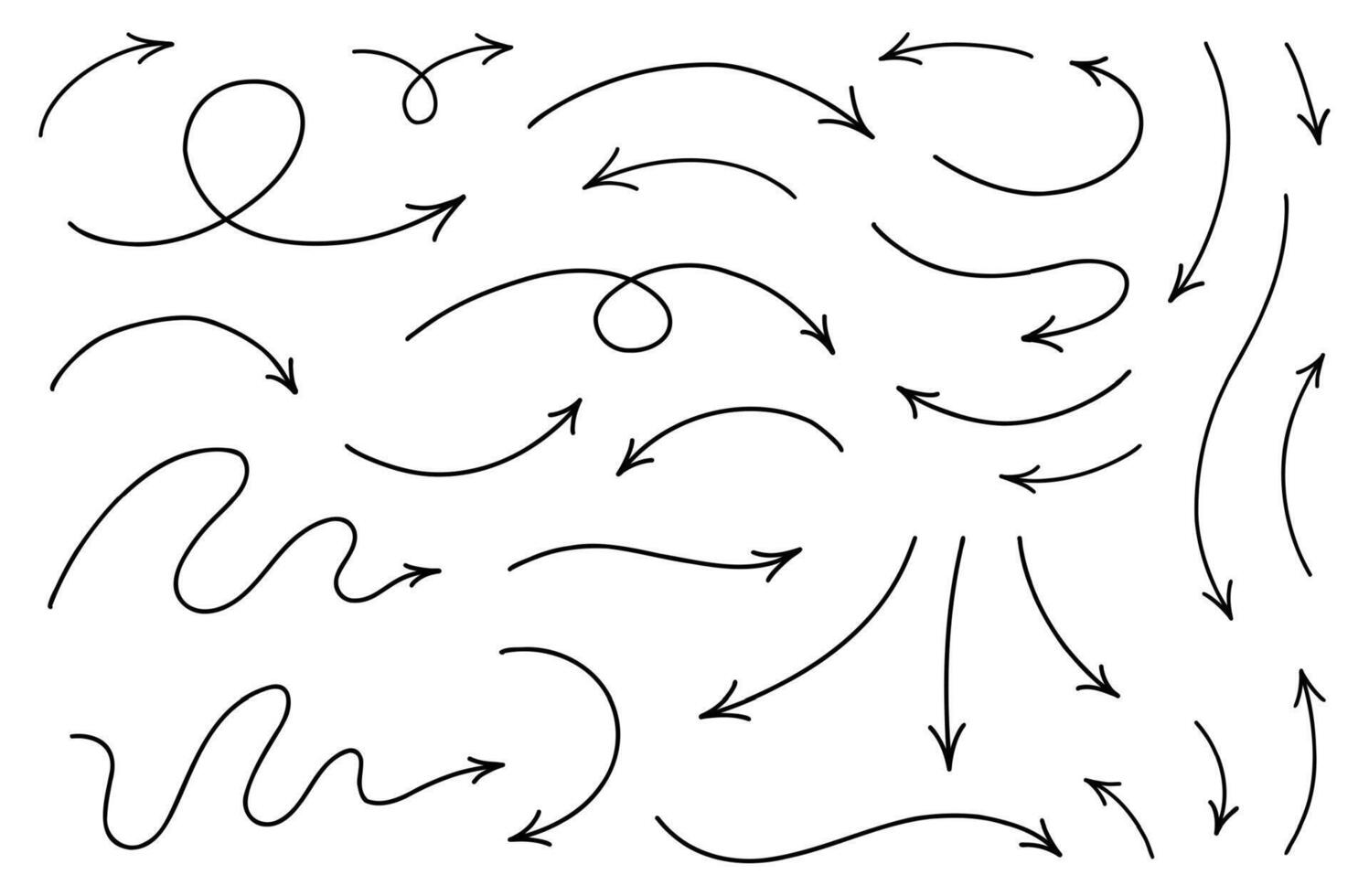 Hand drawn thin line arrows set. doodle design elements isolated on white background. vector