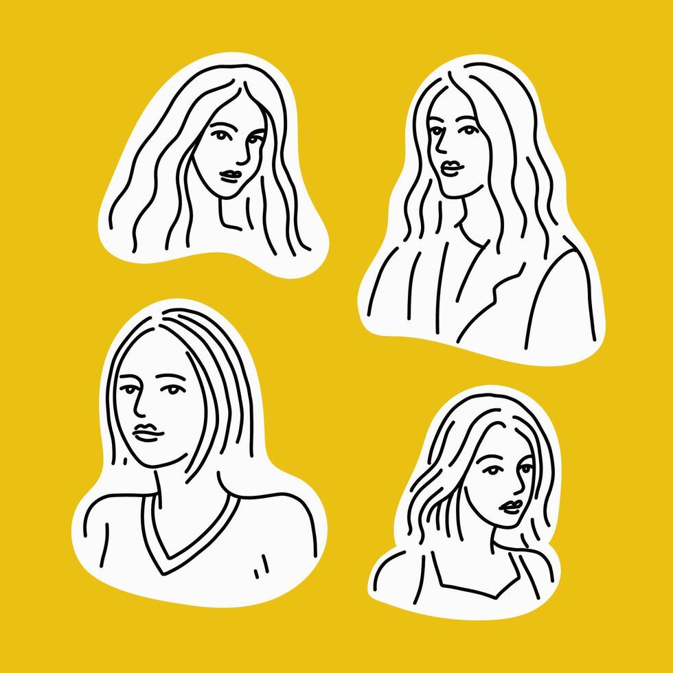 joven mujer hombro en cara bosquejo retratos negro línea ilustración colocar. muchachas sencillo retratos neutral cara expresión. línea bocetos en blanco formas en amarillo antecedentes. vector