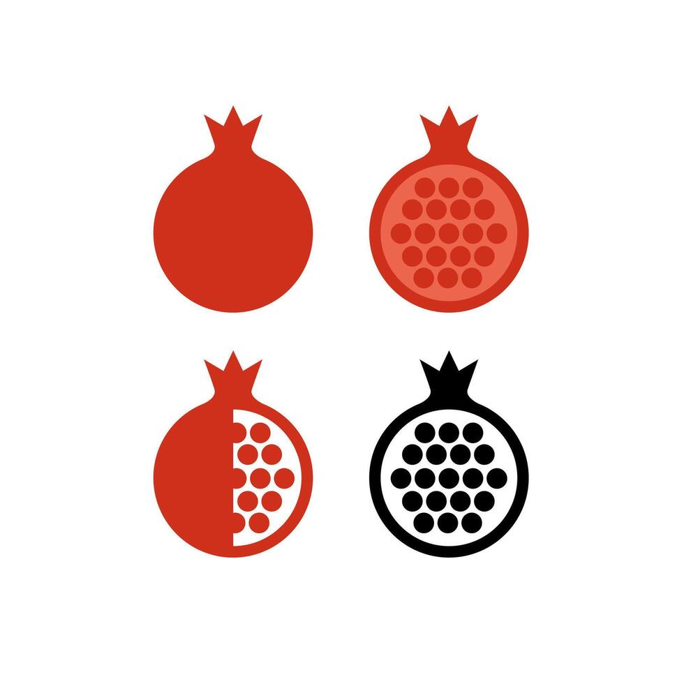 Pomegranate icons set. Whole fruit, half and without slice. pictograms isolated on white background. vector
