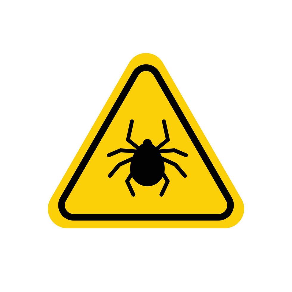 Tick warning sign. Yellow triangle with black mite silhouette in line frame. isolated on white. vector