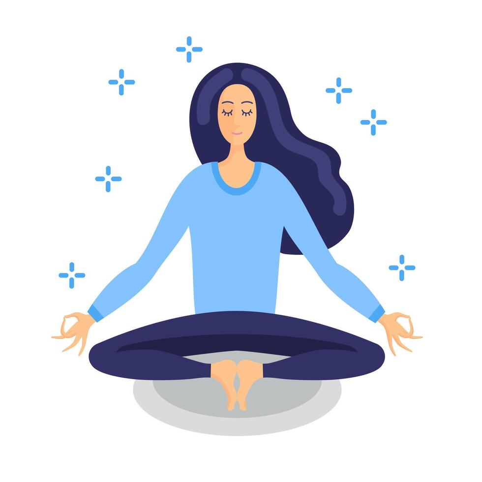 ilustración de mujer en loto actitud meditando con destellos alrededor su. aislado en blanco. vector