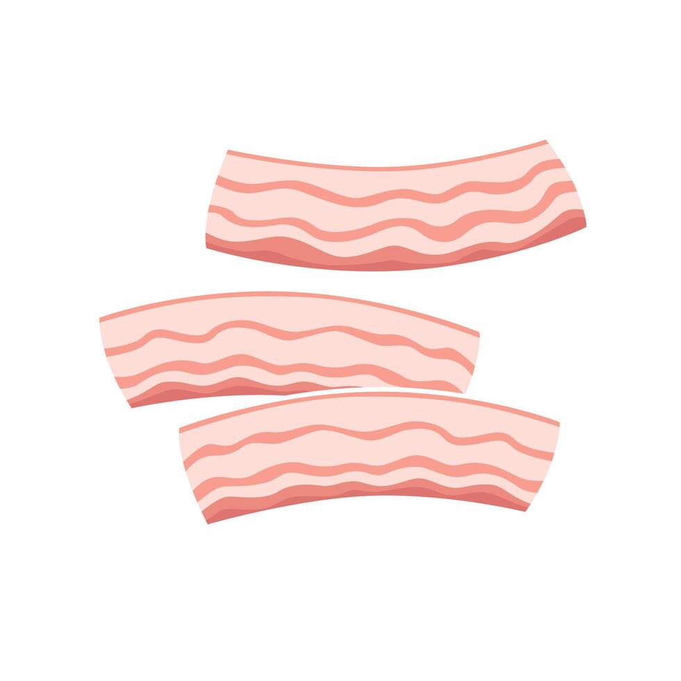 Fresh bacon slices. Flat illustration isolated on white background. Three thin slices of pink tender pig belly thin slices. Fatty pancetta. vector