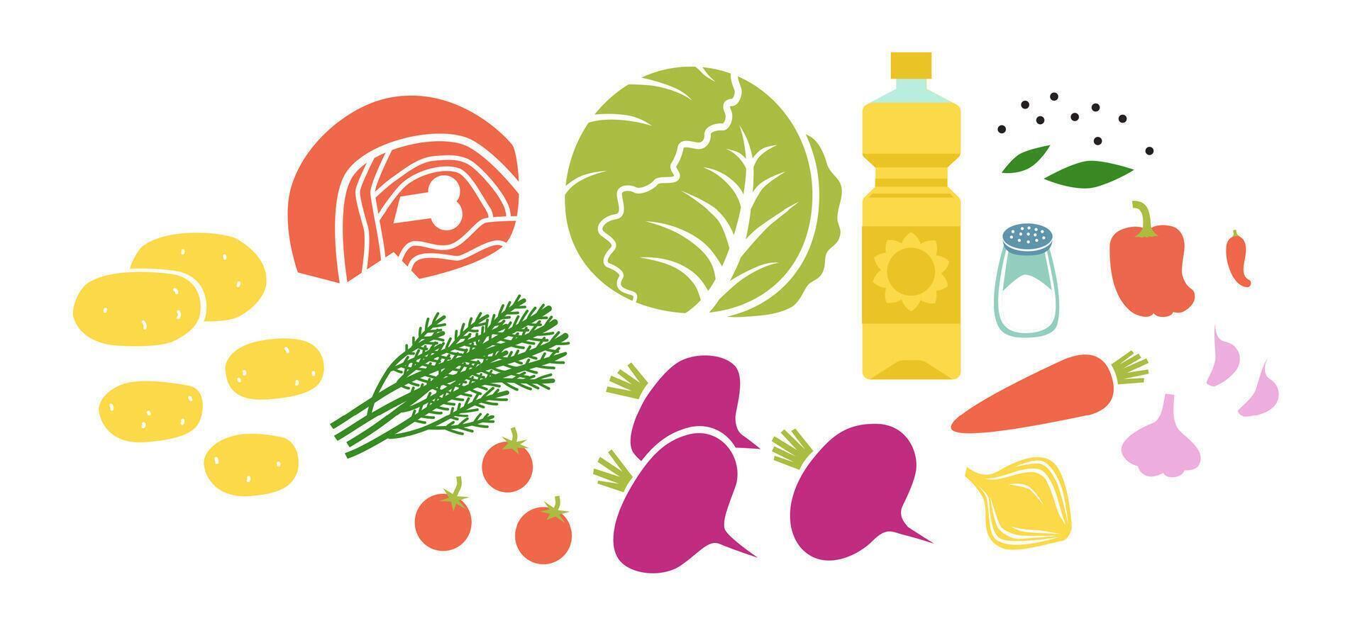 Fresh ingredients for beetroot soup. Beet soup making. Flat illustration isolated on white background. Eastern European cuisine. vector