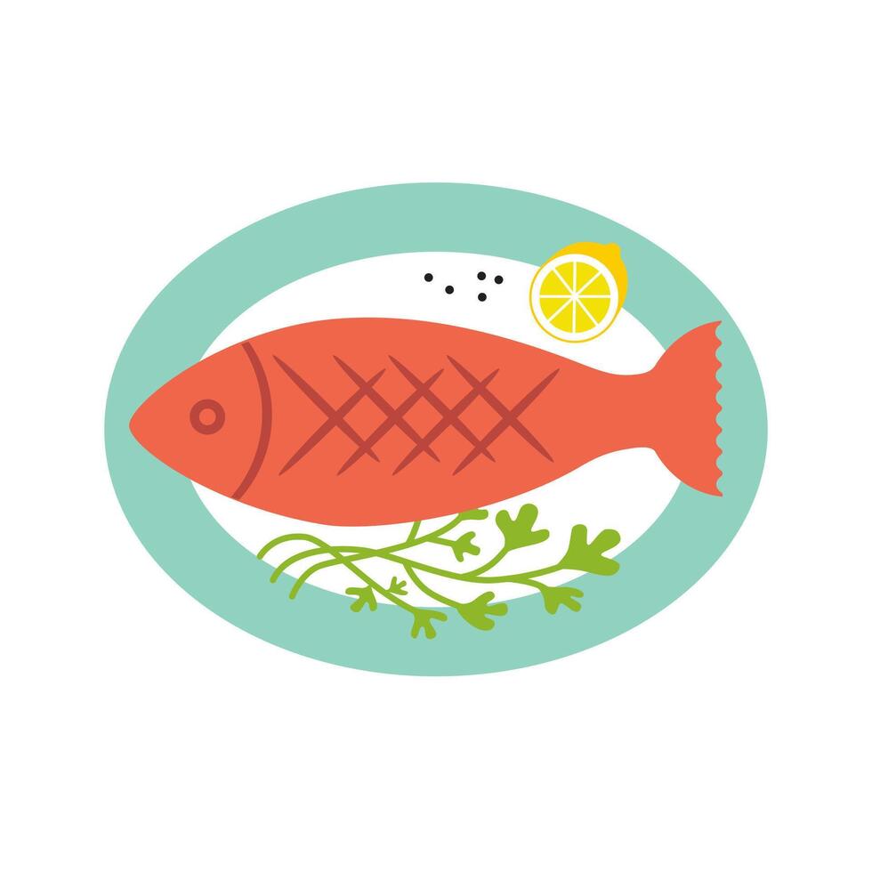 Whole fish on oval plate grilled or fried with fresh herbs and lemon. flat illustration isolated on white background. vector