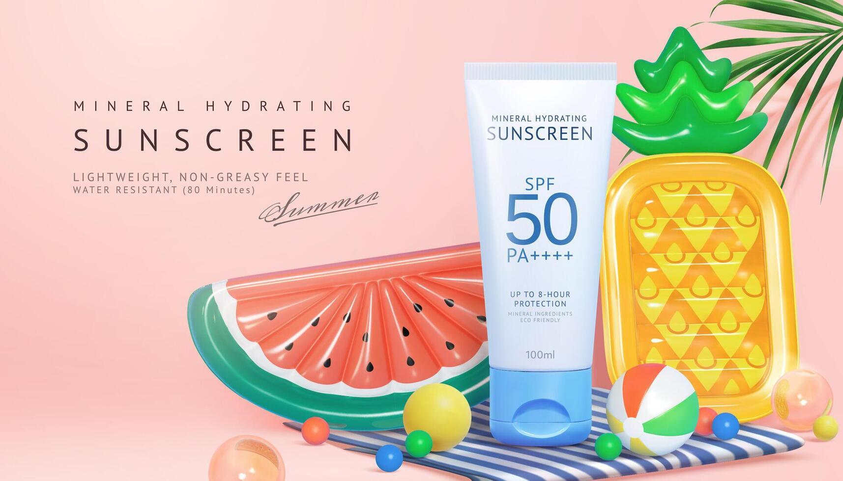 Creative sunscreen ad in beach picnic theme. 3d illustration of plastic tube set on mat with fruit shaped lilos and beach balls. Concept of summer day skincare for swimmers. vector