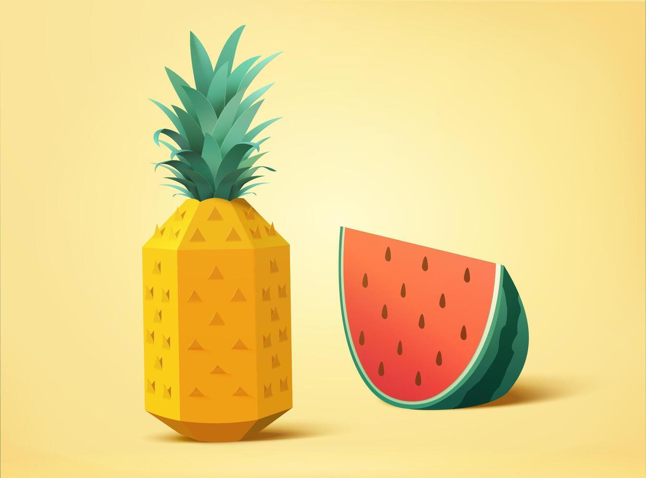 3d illustration of pineapple and watermelon slice in paper art. Fresh fruit elements isolated on yellow background. vector