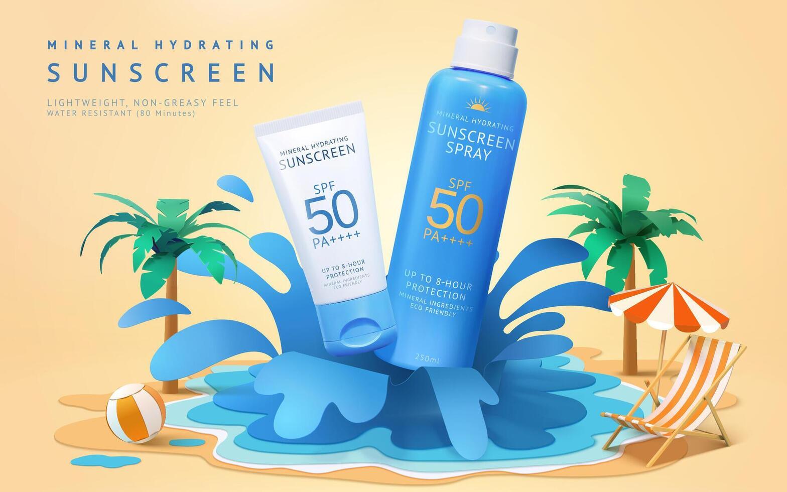 3d summer sunscreen ad template. Cosmetic product mock-ups flying on paper cut water splashes with beach theme decoration. Concept of water resistance. vector