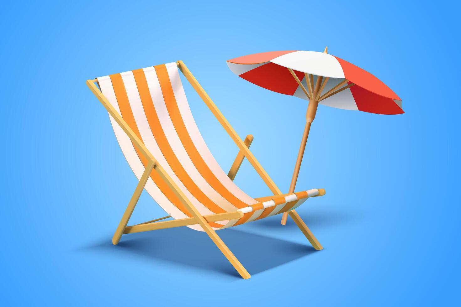 3d element collection of beach chair and umbrella isolated on blue background. vector