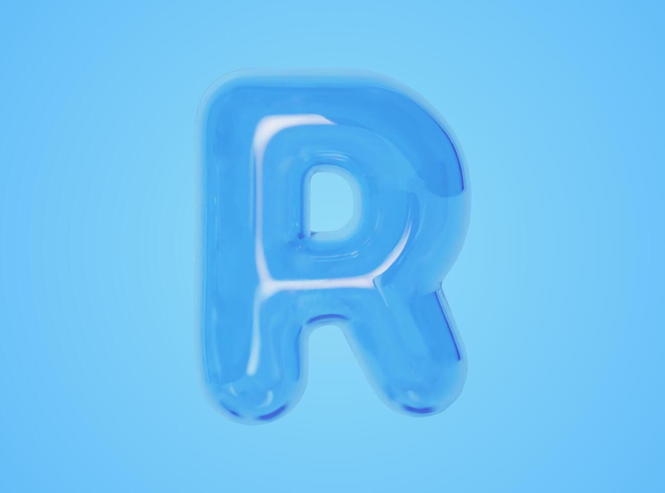 3d illustration of glossy transparent uppercase letter R balloon, isolated on blue background. vector
