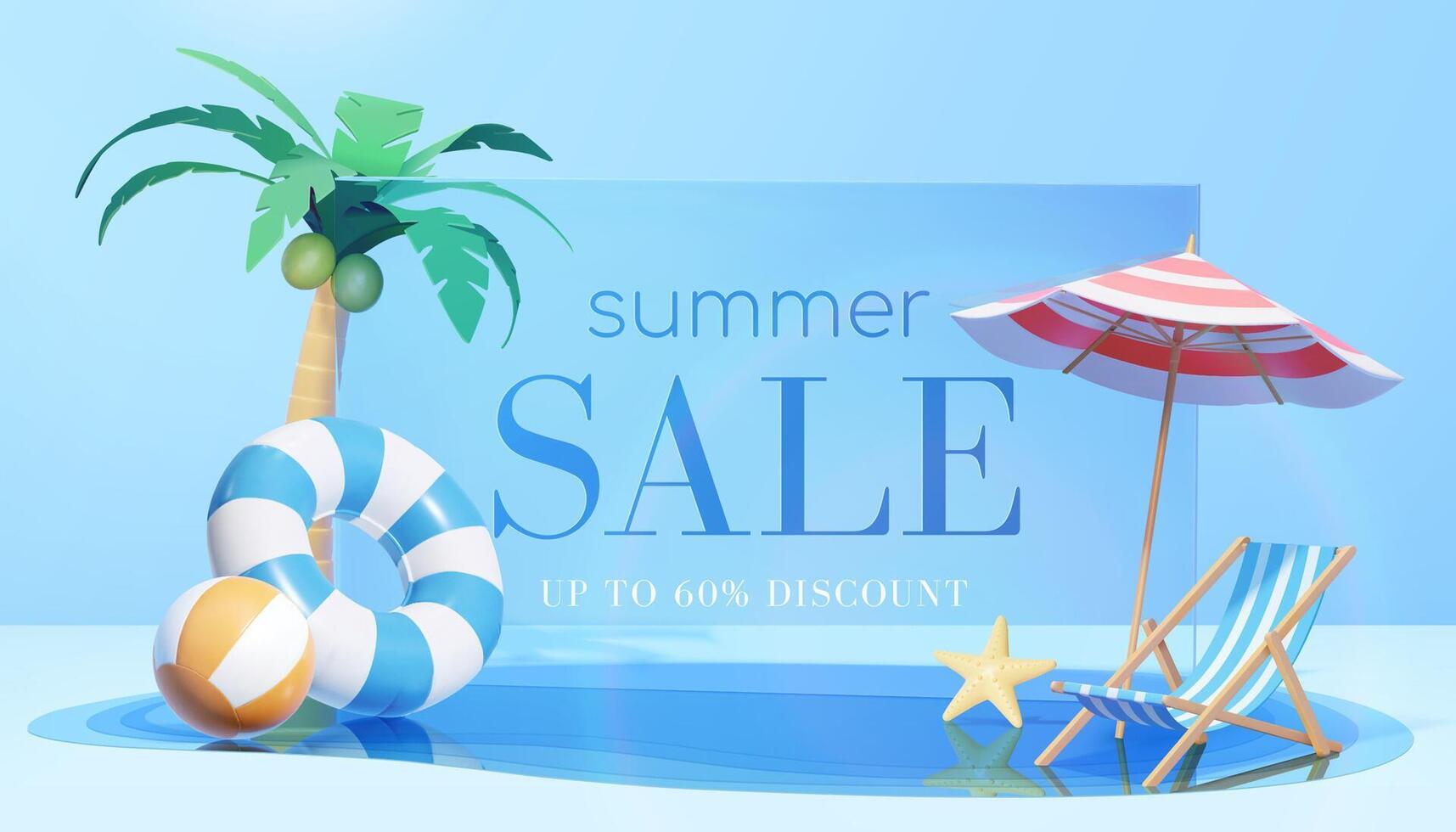 3d refreshing summer sale template. Composition of blue glass board with cute beach object and swimming pool. Concept of island vacation. vector