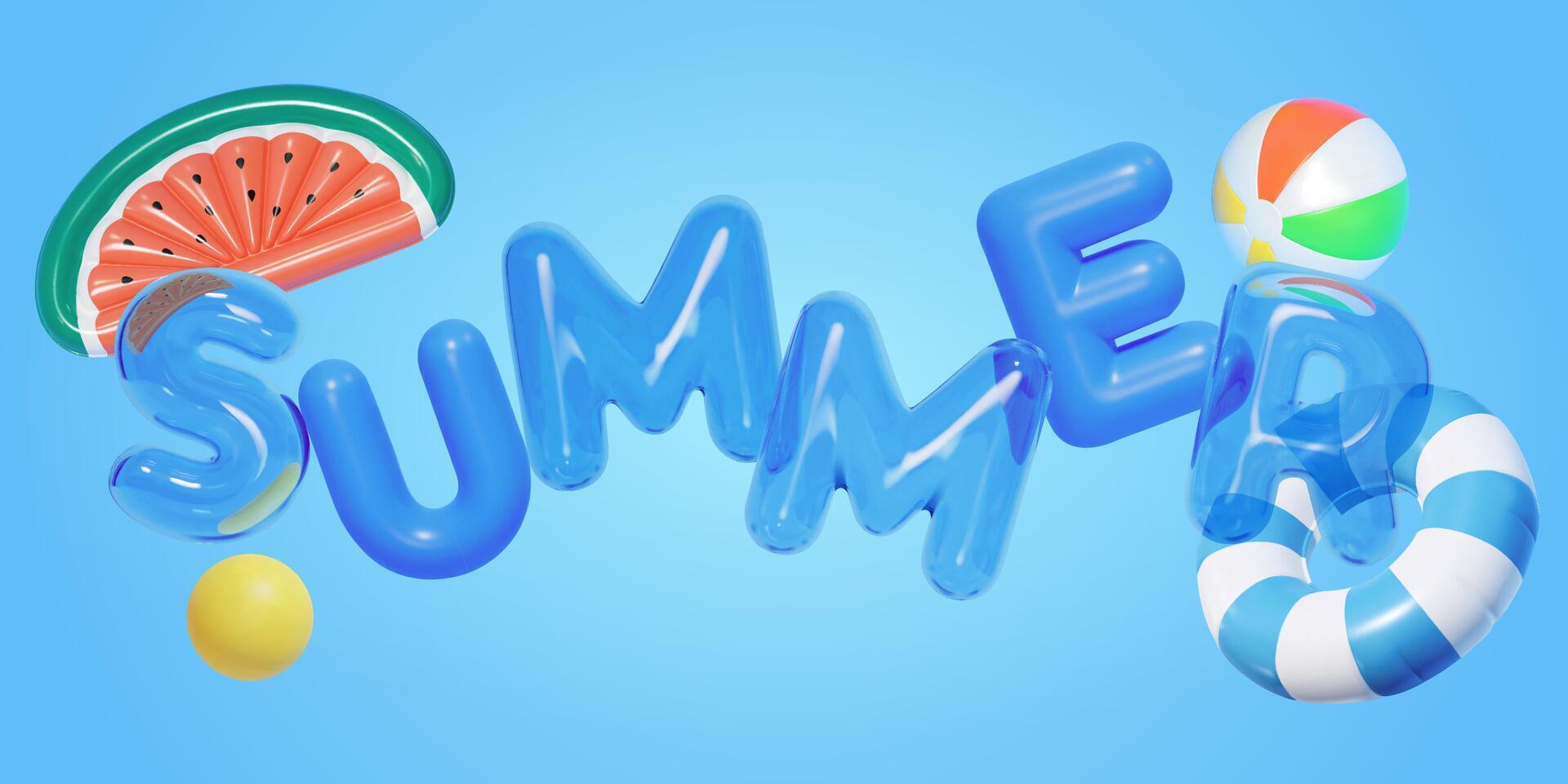 3d summer collection including letter balloons, beach ball, round and watermelon swim rings. Object elements isolated on blue background. vector