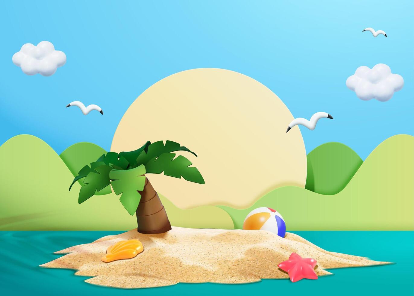 3d illustration of small island with a palm tree, seashell, starfish and beach ball on sand. Papercut style sun and mountains in background vector