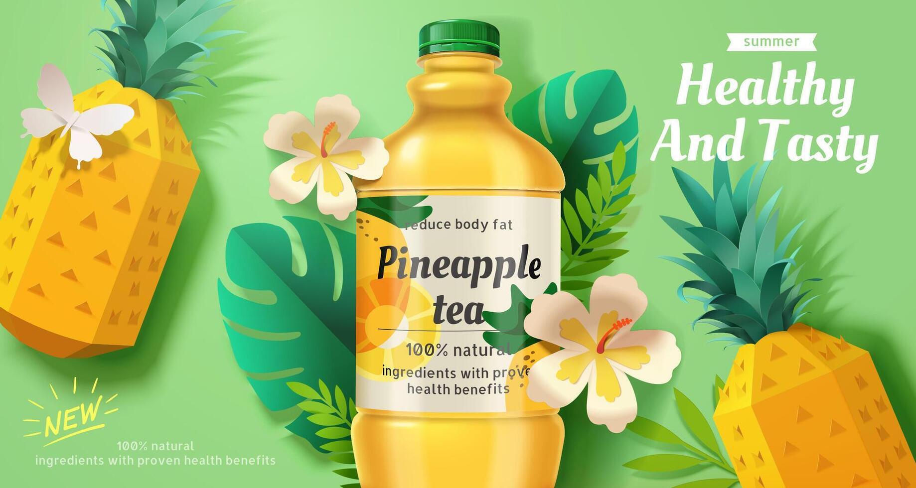 Fresh pineapple tea ad banner. 3d illustration of plastic juice bottle with paper cut pineapple with summer jungle decoration. vector