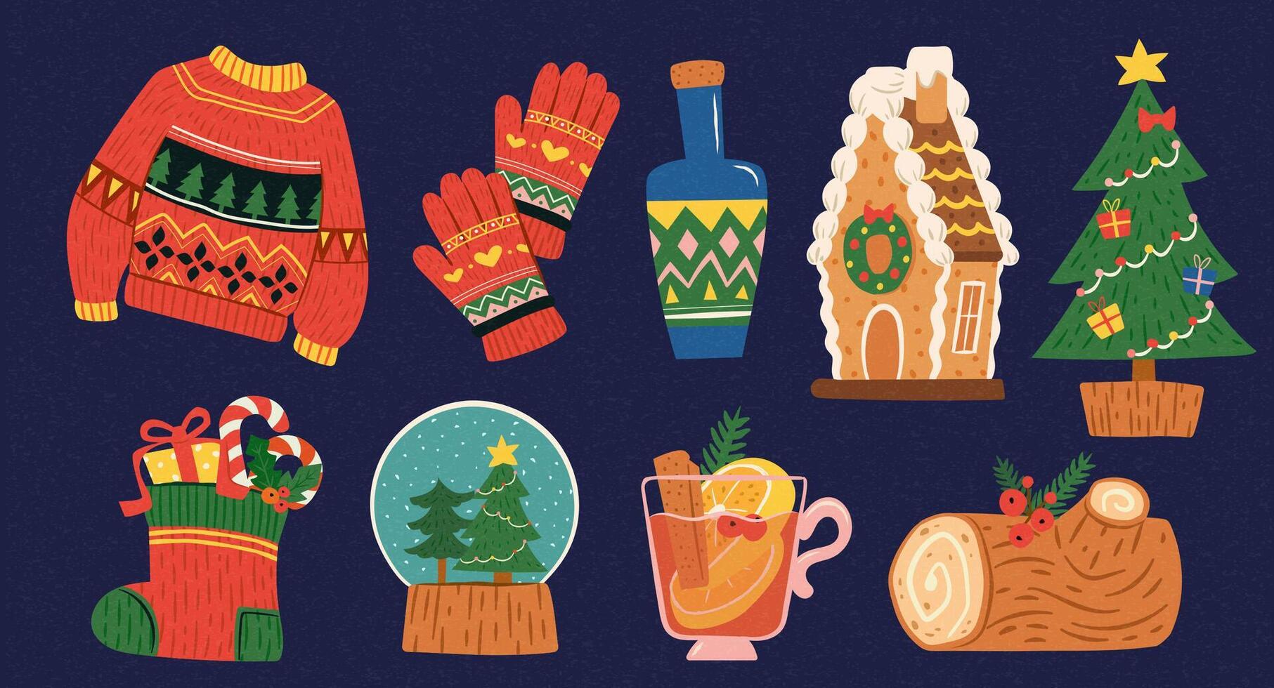 Vintage Christmas element collection. Hand drawn holiday objects isolated on dark blue background. vector