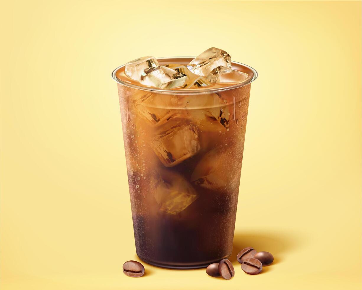 3d illustration of iced cold brew coffee in plastic takeout cup. Drink element isolated on yellow background. vector