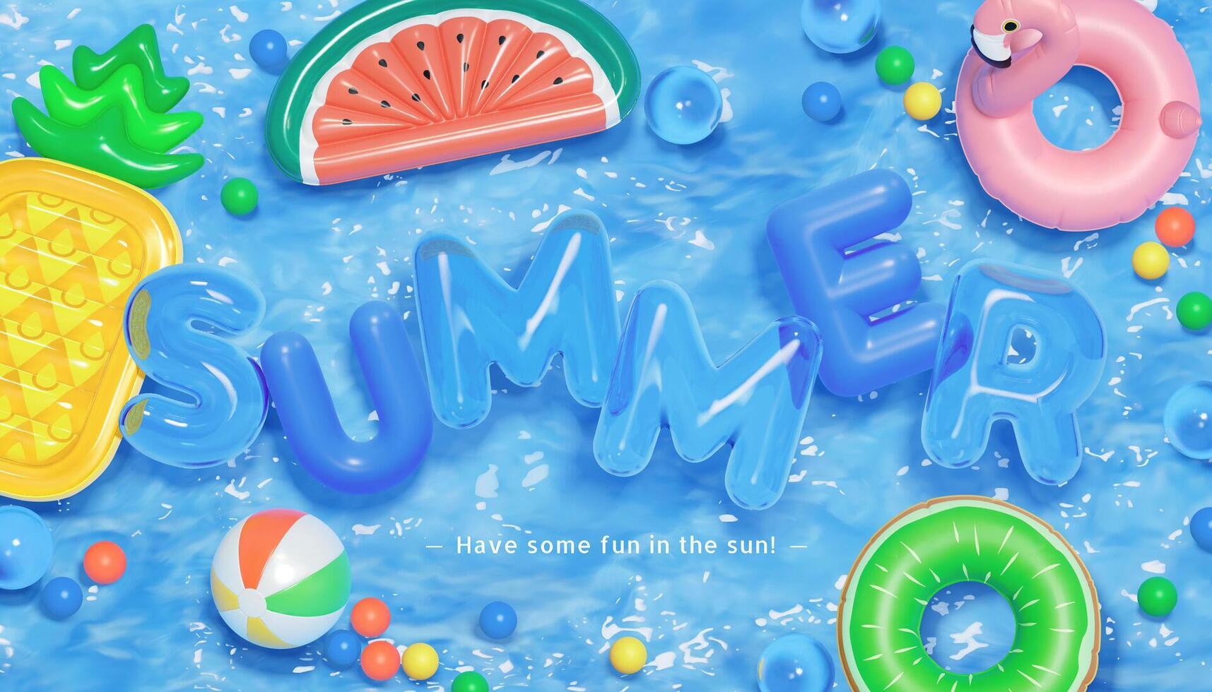3d creative summer background in swimming pool party theme. Top view of balls, swim rings and fruit shape lilos floating on water. vector