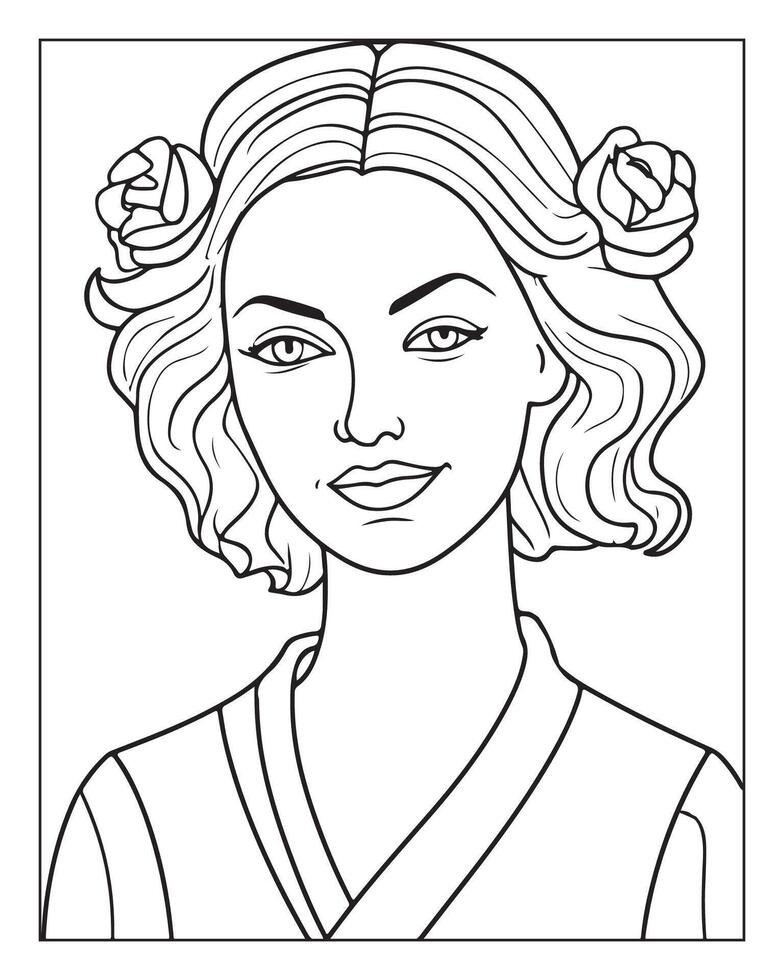 A cute women illustration, girls coloring pages, beautiful lady black and white , girls line art vector
