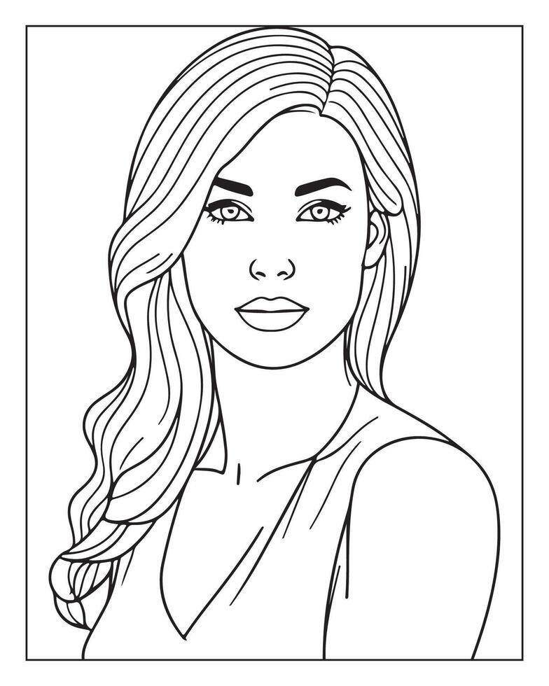 A cute women illustration, girls coloring pages, beautiful lady black and white , girls line art vector