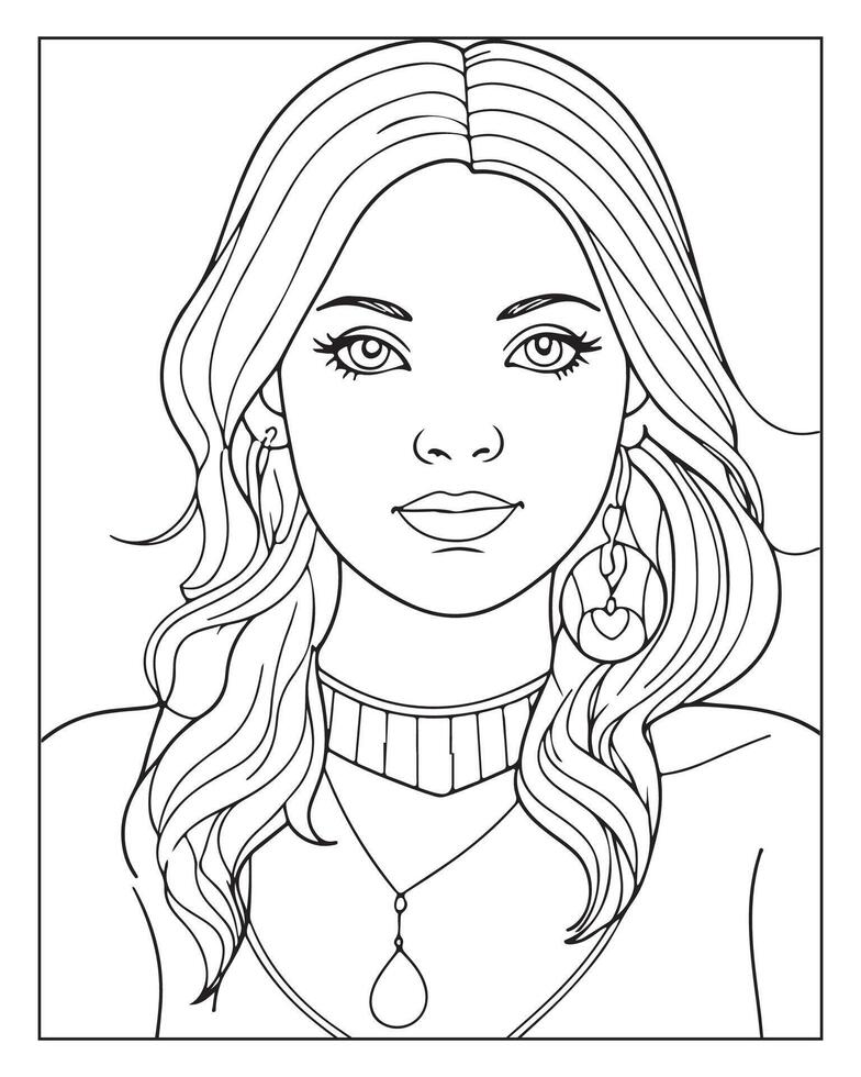 A cute women illustration, girls coloring pages, beautiful lady black and white , girls line art vector