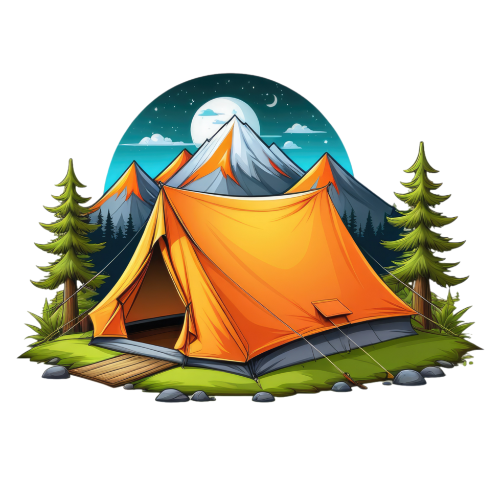camping tent in the mountains with trees and rocks png